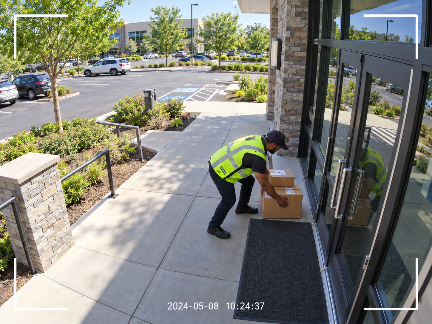 Delivery worker carrying packages toward the entrance of a commercial building.