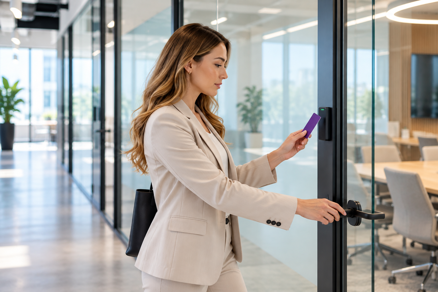 Employee using an access credential at a controlled glass office entrance.