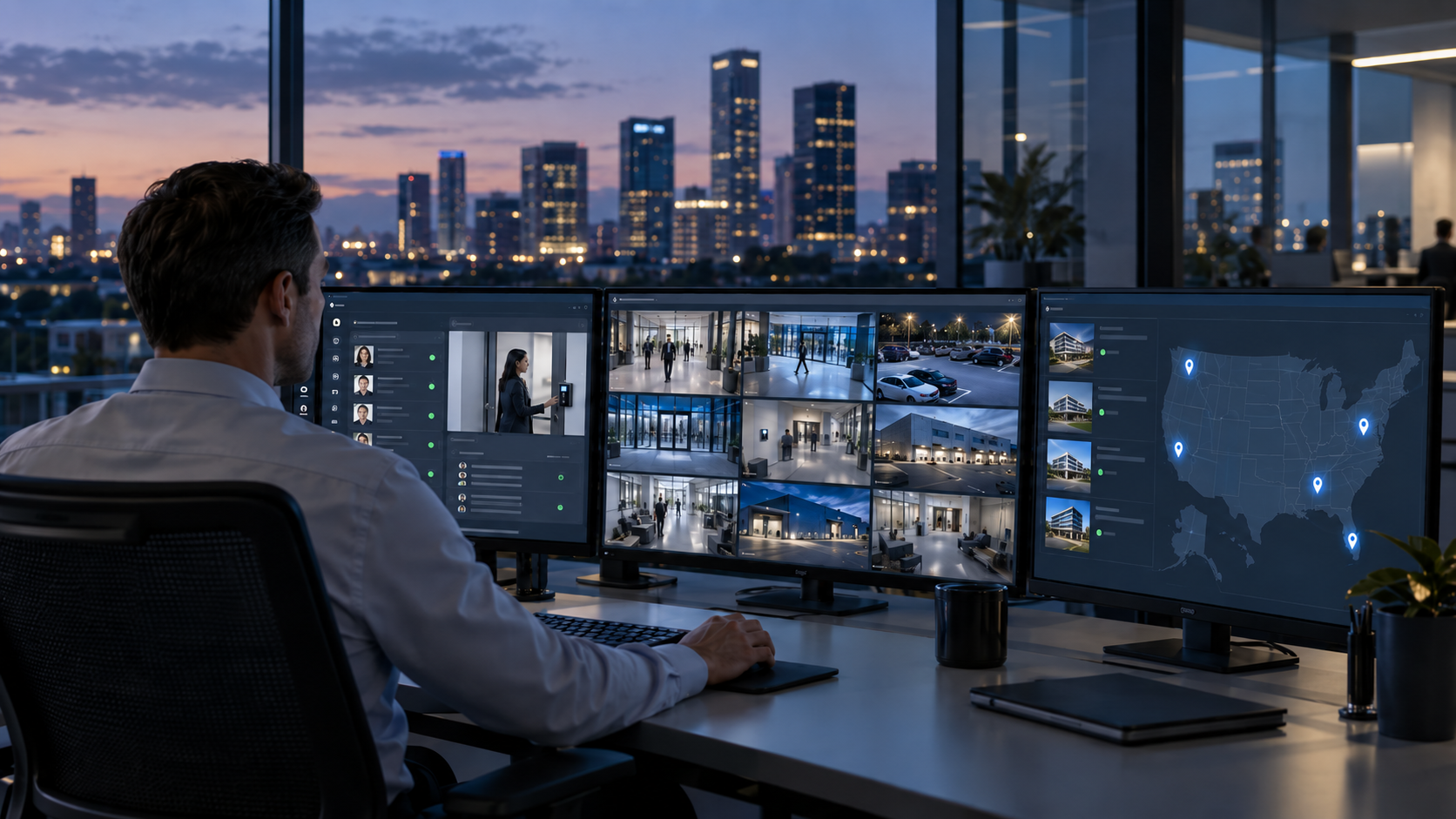 Security operator monitoring surveillance feeds and multiple facilities from a centralized control room.