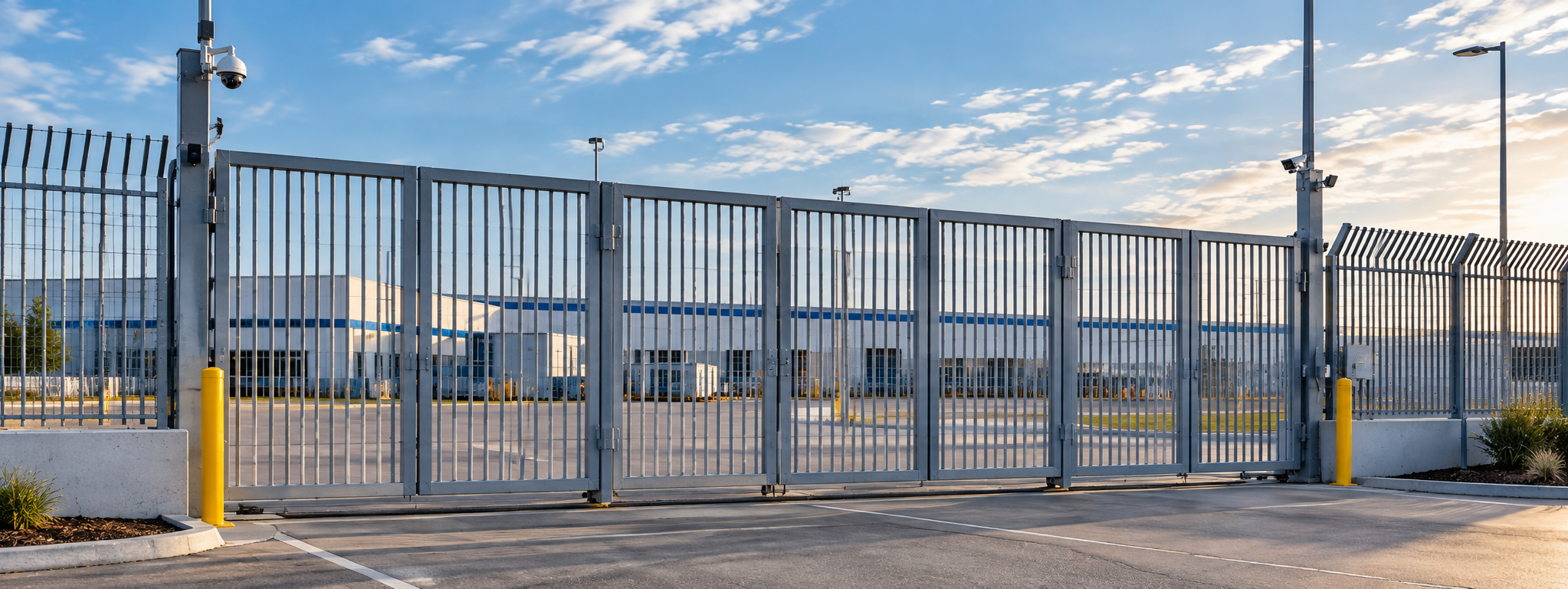 Controlled security gate at the entrance of a warehouse facility.