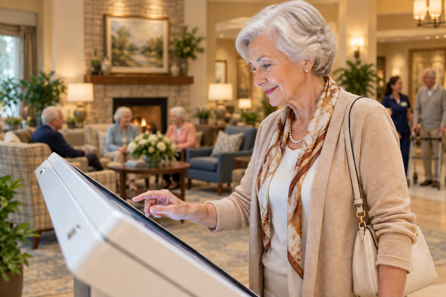 Senior living resident using a touchscreen kiosk in a community lounge.