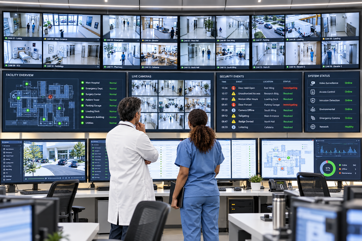Healthcare security staff monitoring surveillance cameras, facility maps, access control, and system alerts.