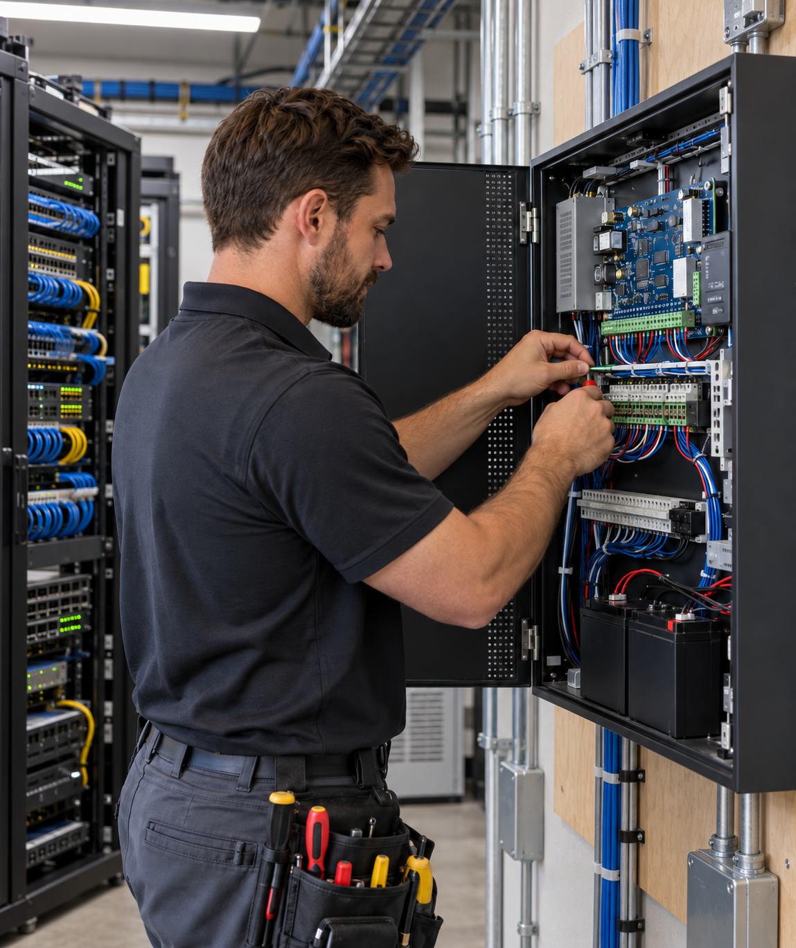Security technician servicing a commercial access control panel.
