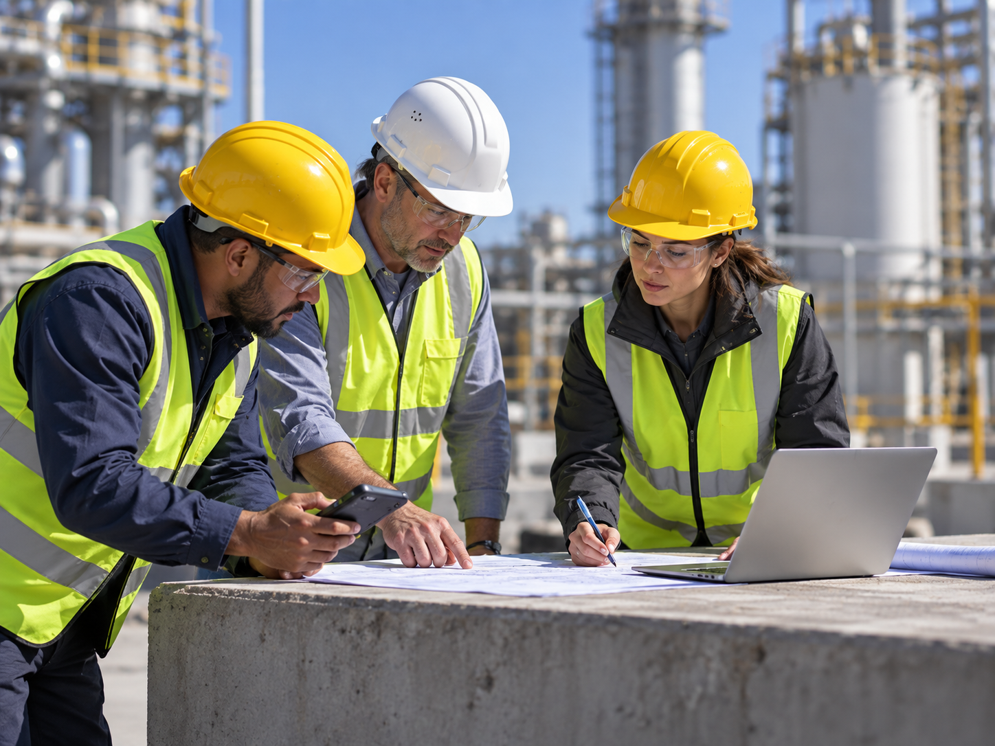 Industrial project team reviewing site plans and a laptop at a manufacturing facility.