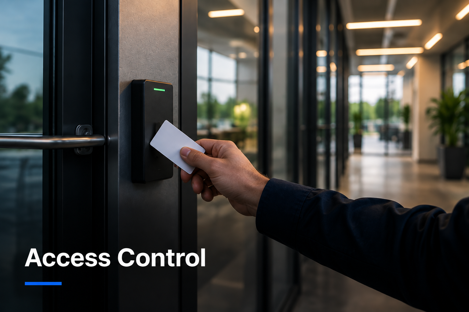 Employee presenting an access card to a reader at a glass office entrance.