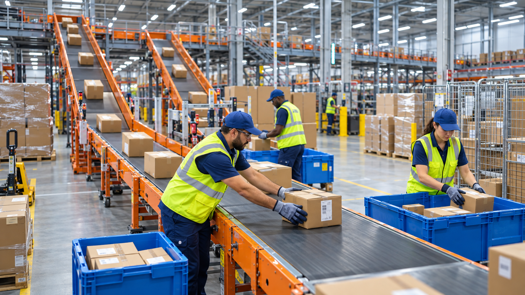 Warehouse employees working along a packaging conveyor in a large distribution facility.