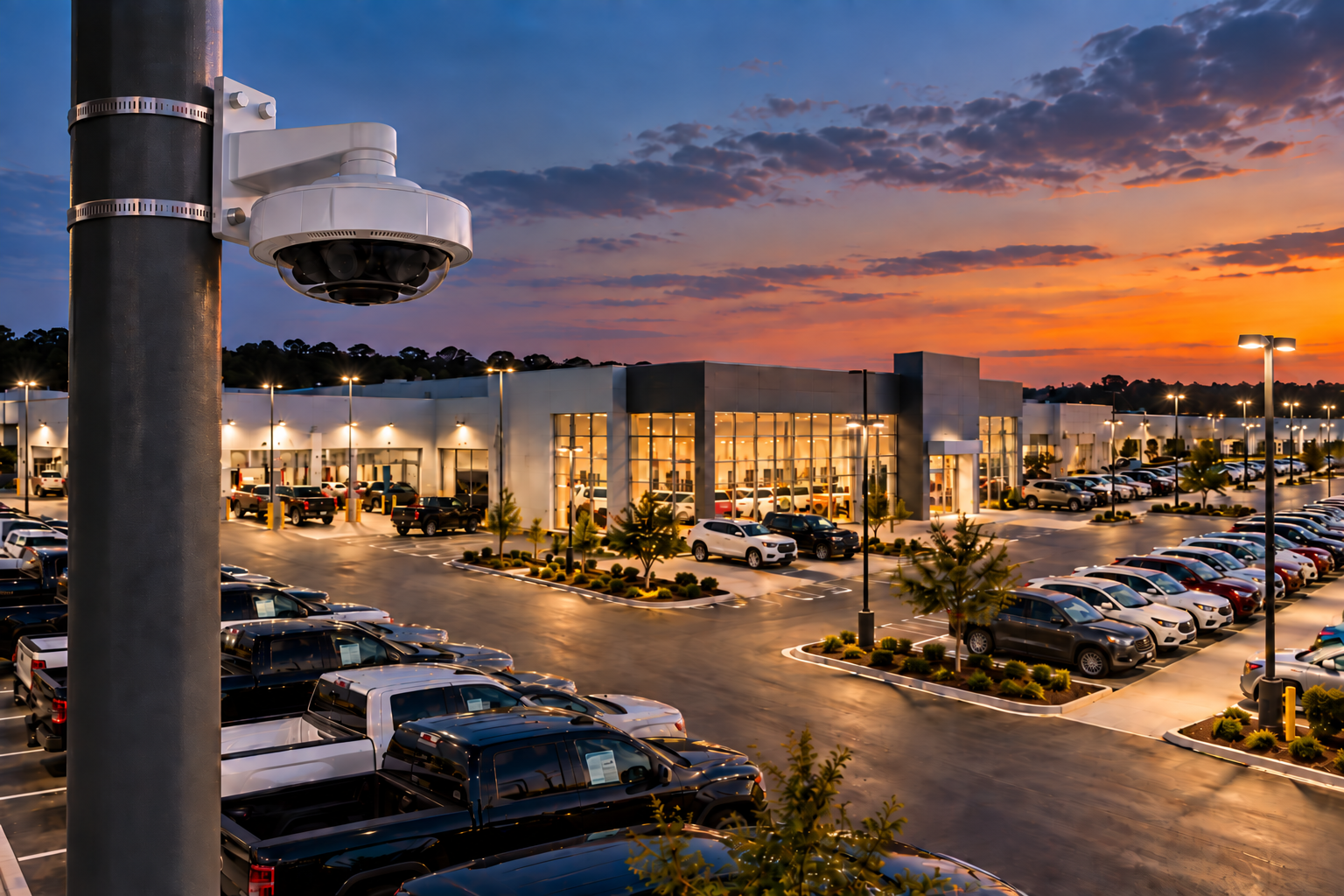 Security camera overlooking vehicle inventory outside a dealership at dusk.