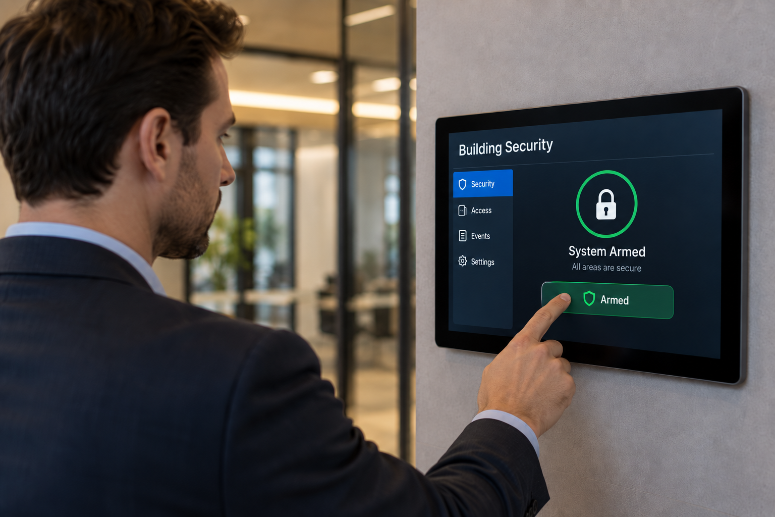 Business professional arming a commercial building security system from a wall-mounted touchscreen panel.