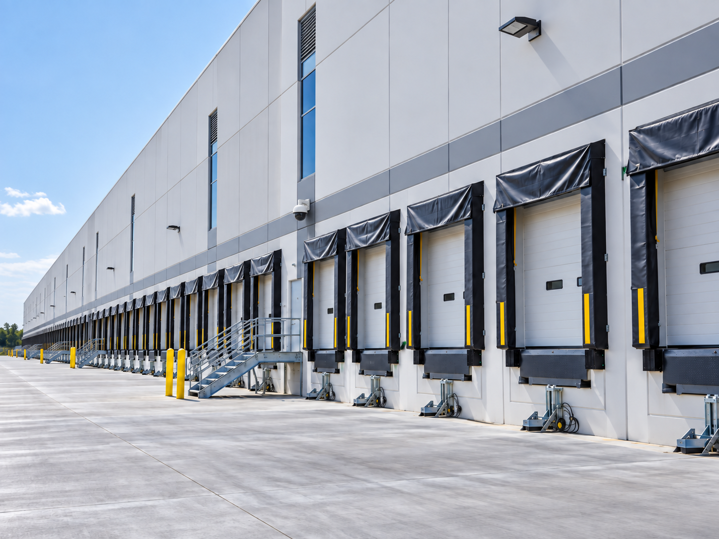 Loading docks along a large warehouse and distribution center.