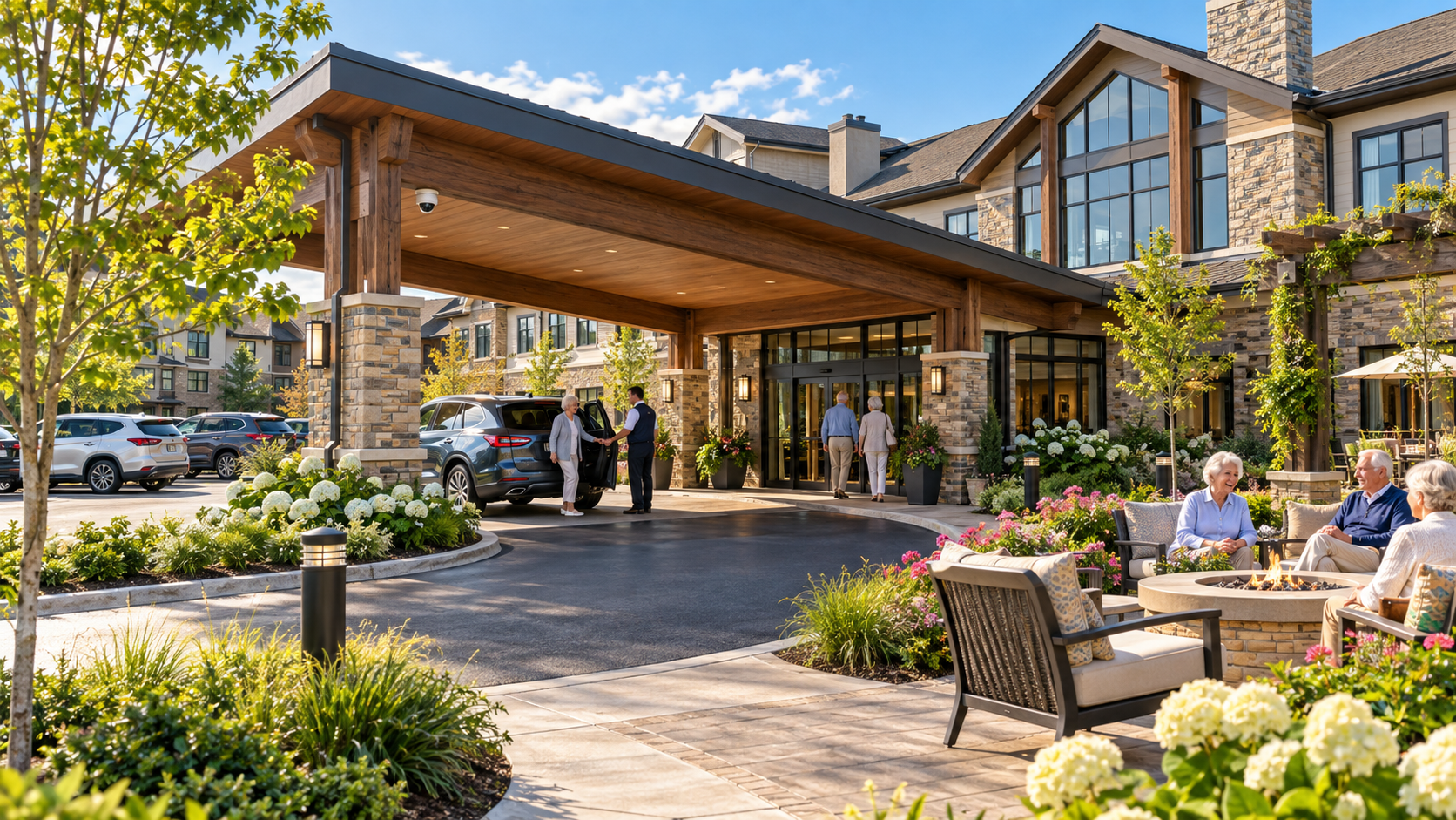 Residents and visitors gathered near the landscaped entrance of a senior living community.