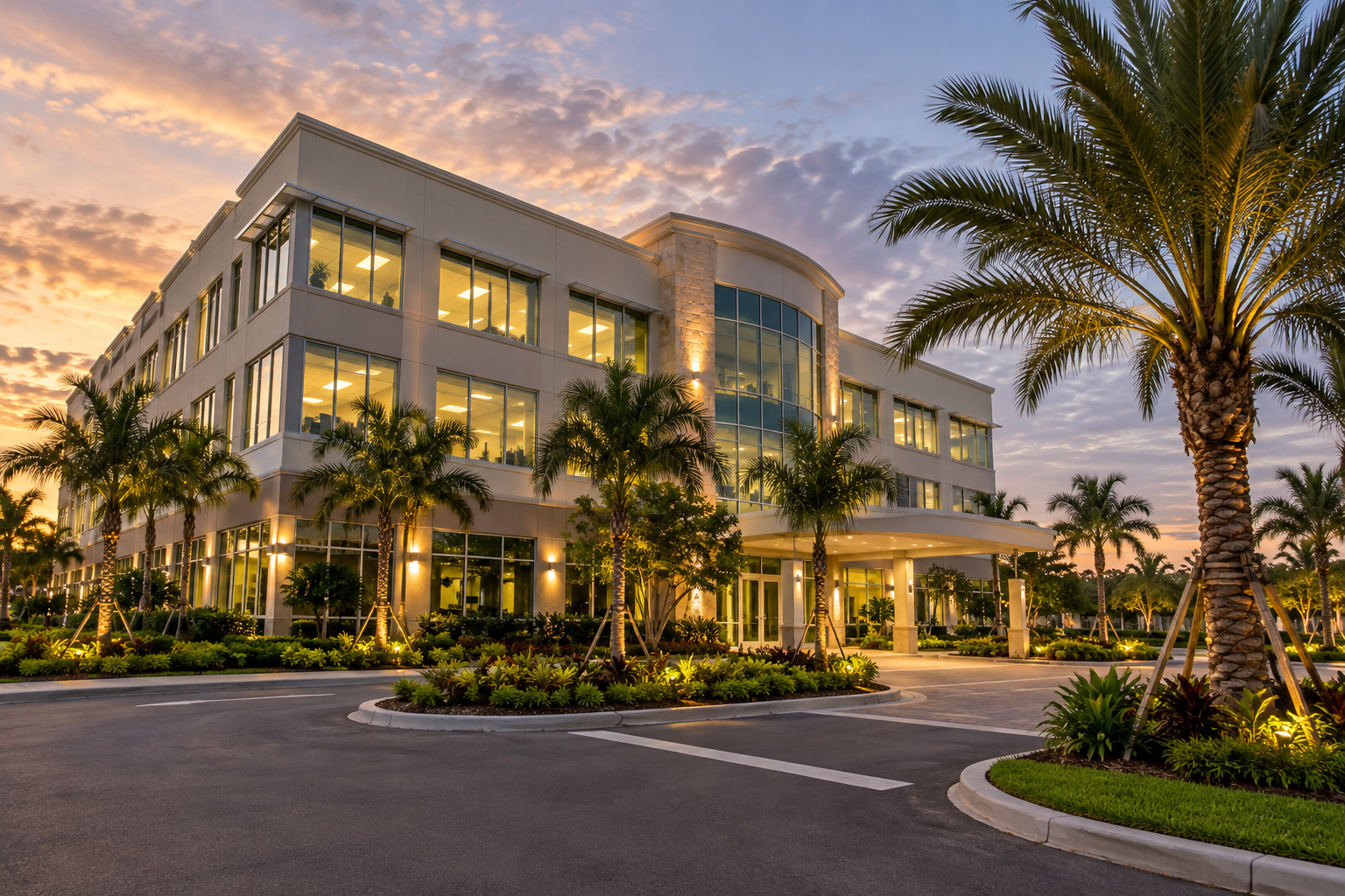 Modern corporate office building with glass facade and landscaped entrance at dusk.