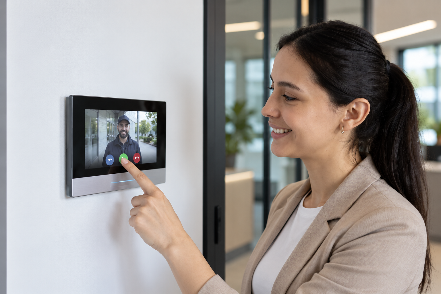 Employee using a wall-mounted video intercom to visually verify a visitor before granting entry.