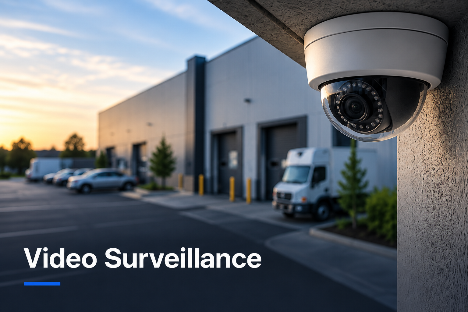 Dome security camera overlooking a commercial parking lot and industrial building.