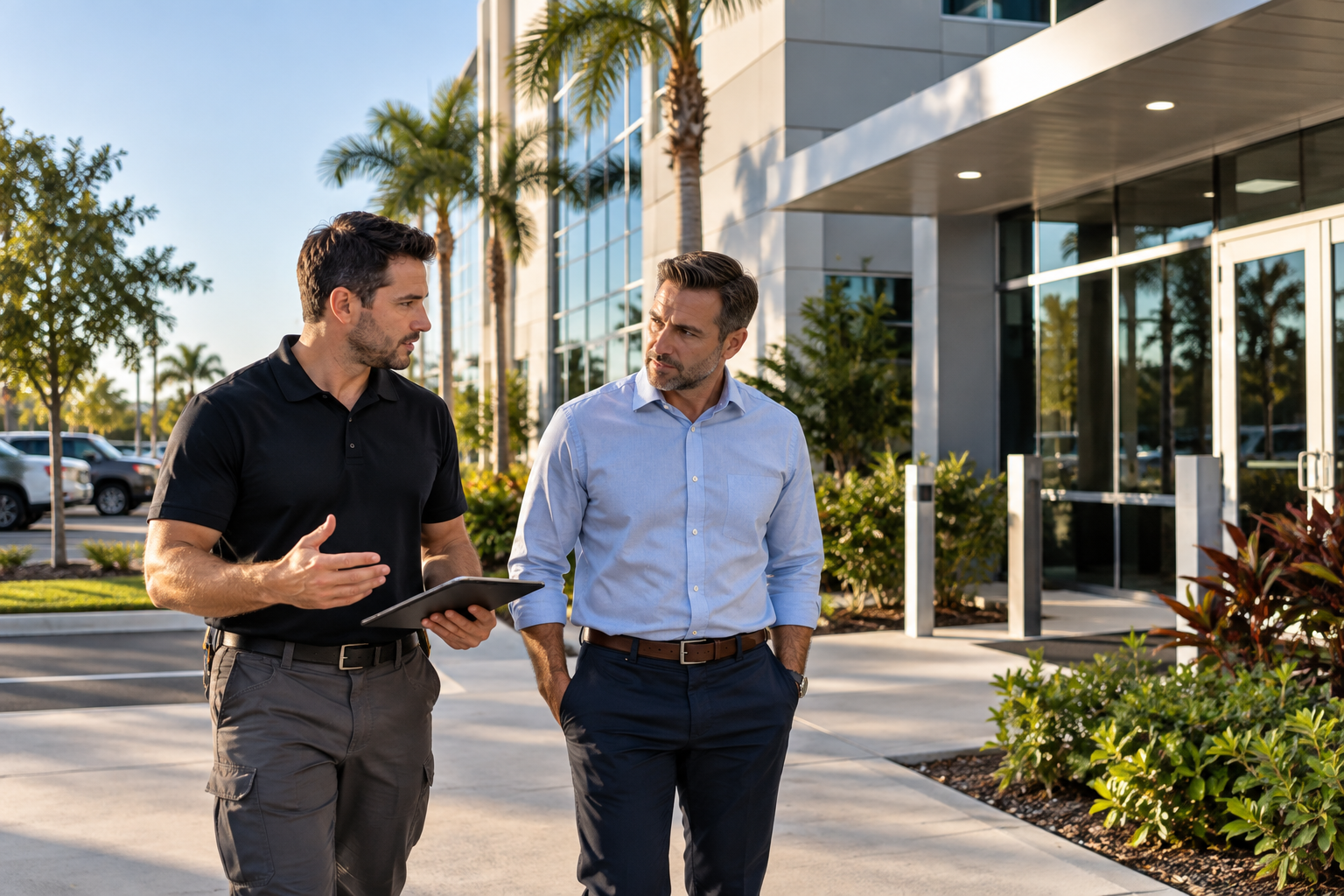 Security technician and facility manager reviewing a commercial property outside a modern office building.