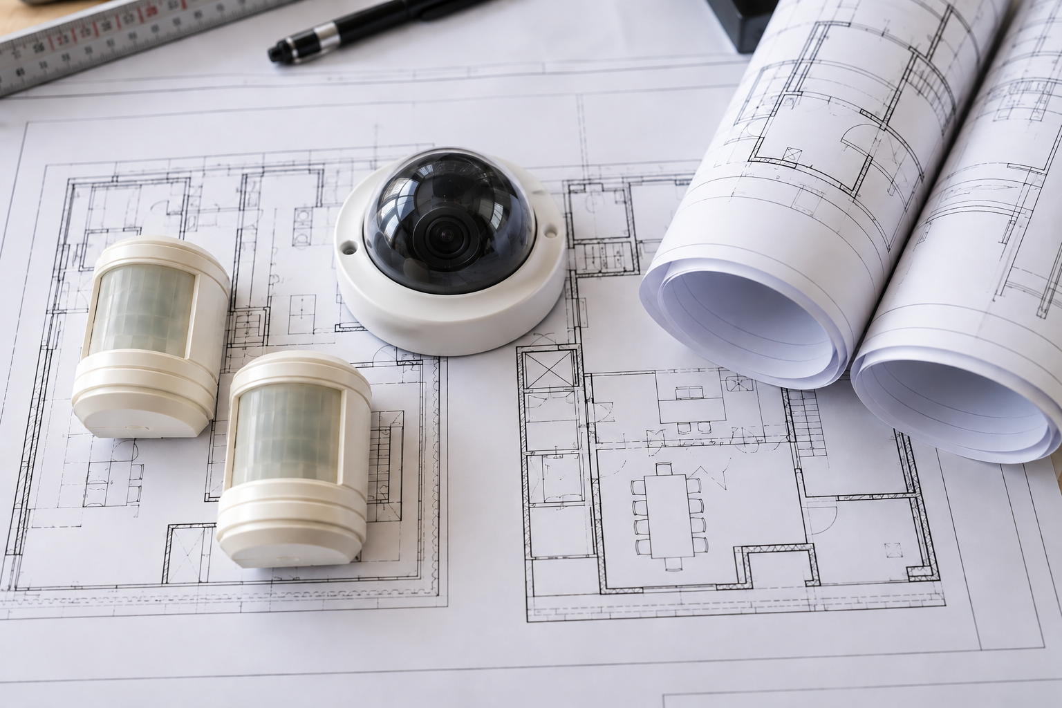 Architectural floor plans with security camera and motion sensor devices for system design and planning.