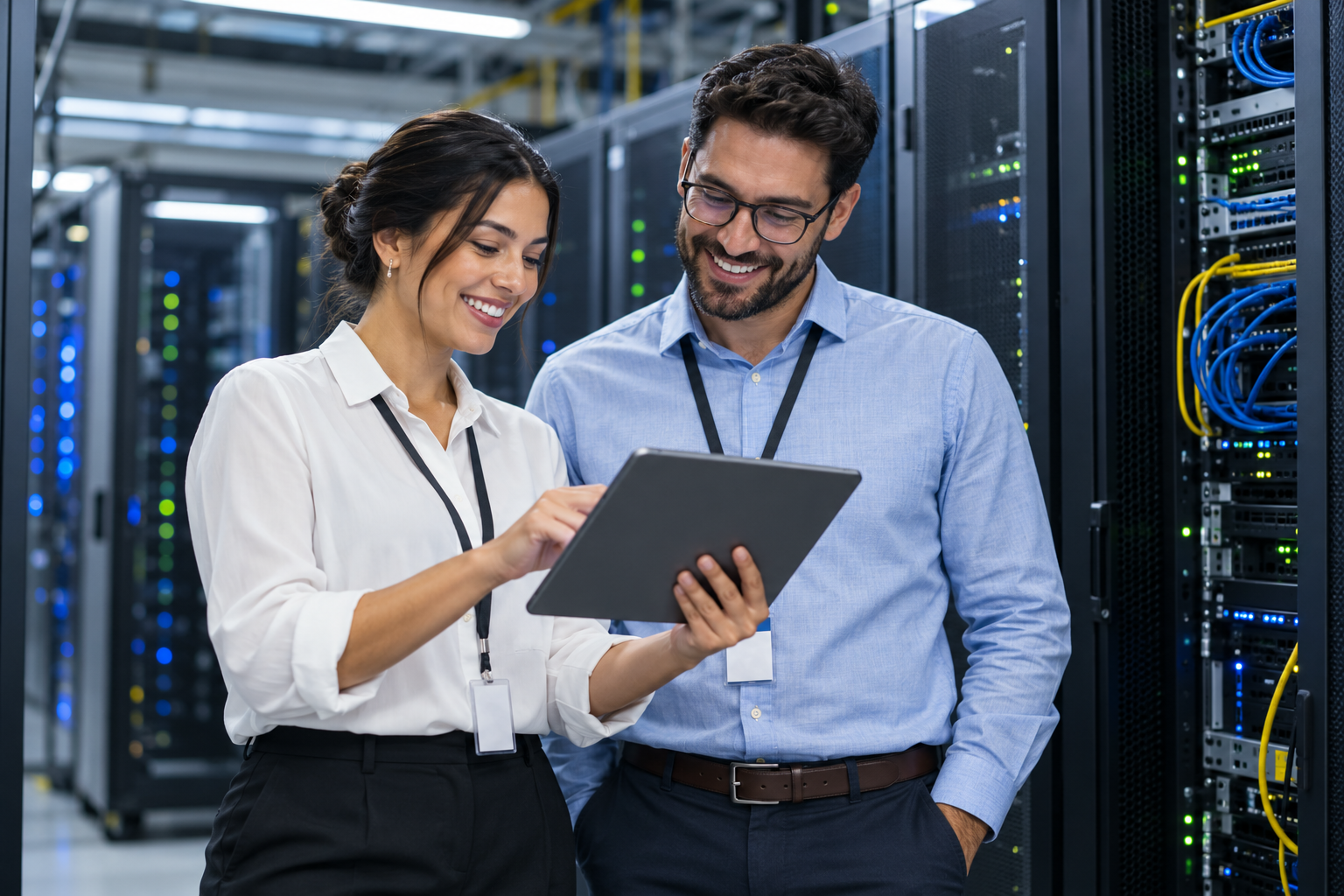 Security and IT professionals reviewing system information on a tablet inside a commercial data center.