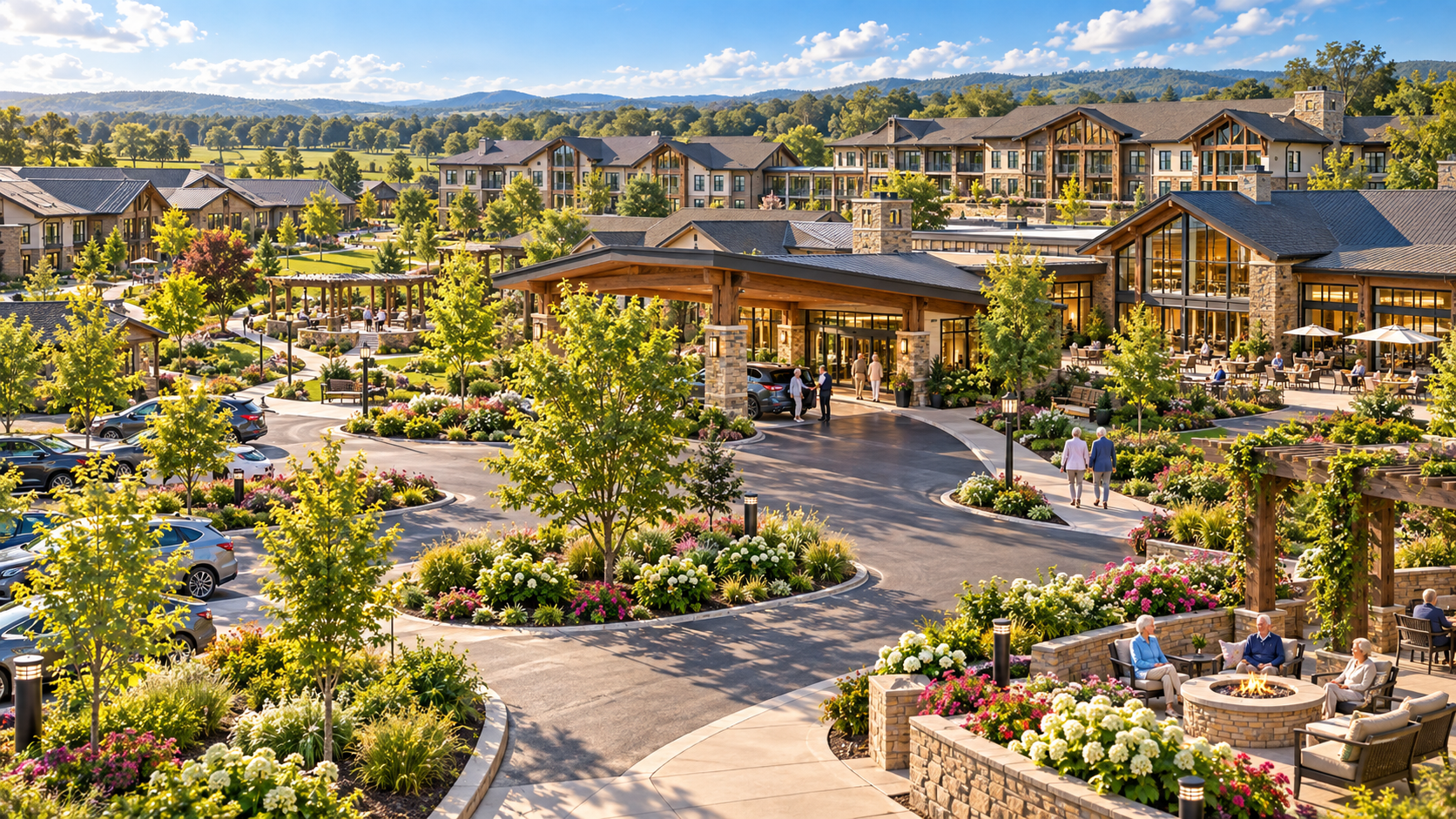 A scenic view of a luxurious residential community with modern buildings, lush landscaping, and a central driveway with parked cars. People are walking and sitting around outdoor seating areas, enjoying the sunny weather.