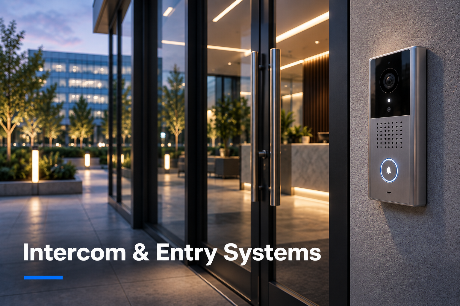 Video intercom mounted beside the glass entrance of a modern commercial building.