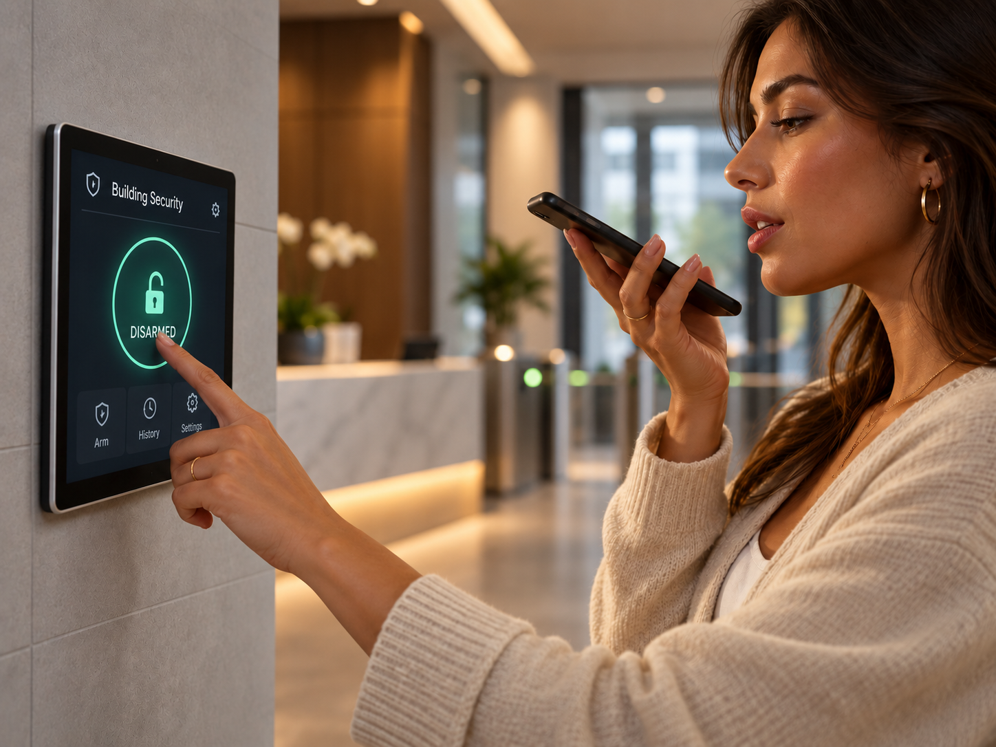 Woman using a smartphone to control a building security panel showing the status "Disarmed."