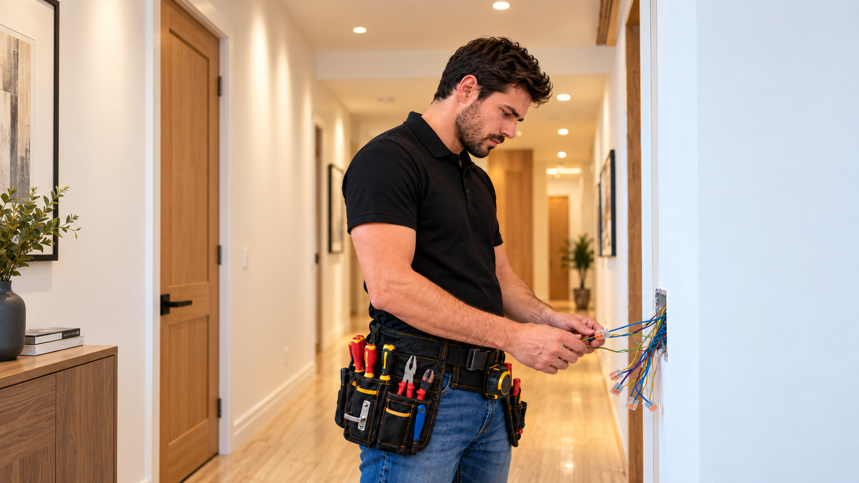 A security technician working on card reader wiring at a facility