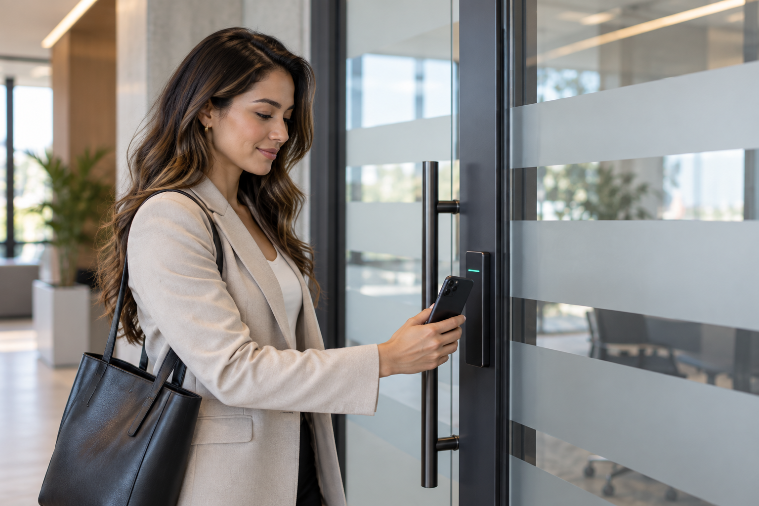 Employee using mobile access control at a glass dealership entrance.
