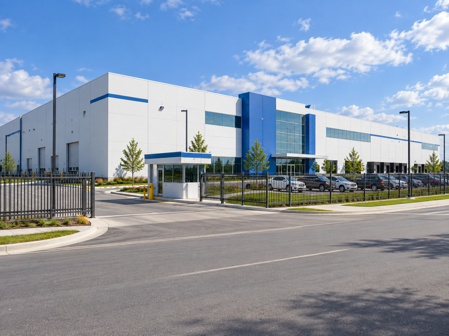 Large commercial warehouse with perimeter fencing, vehicle entrance, security booth, and employee parking.