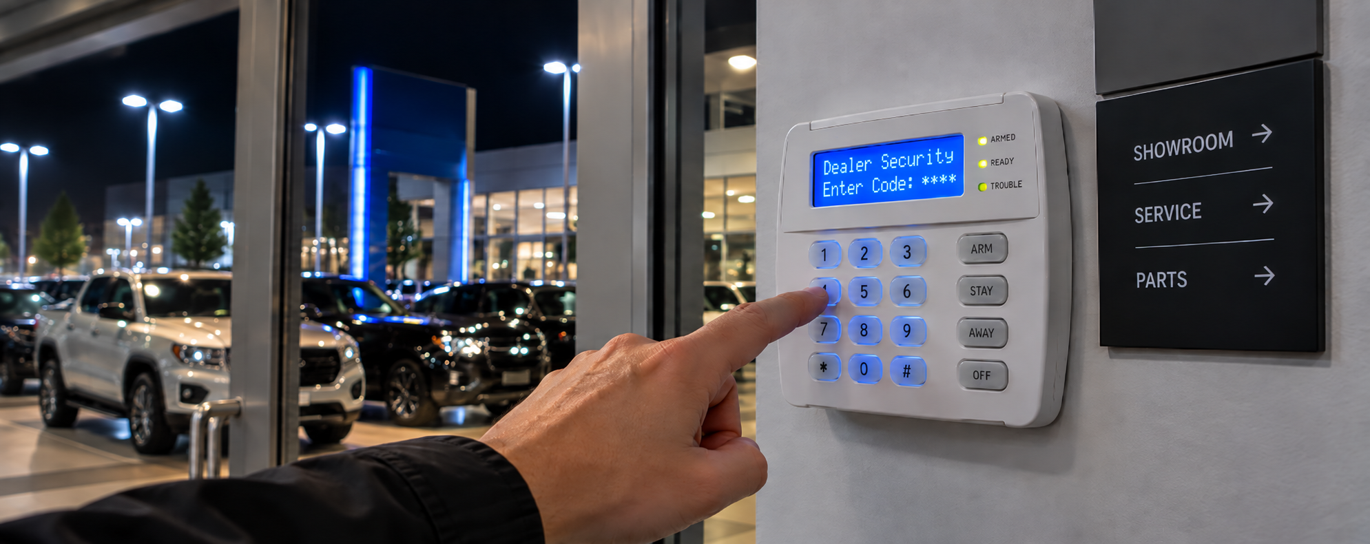 Employee entering a security code on an intrusion alarm keypad inside an automotive dealership.