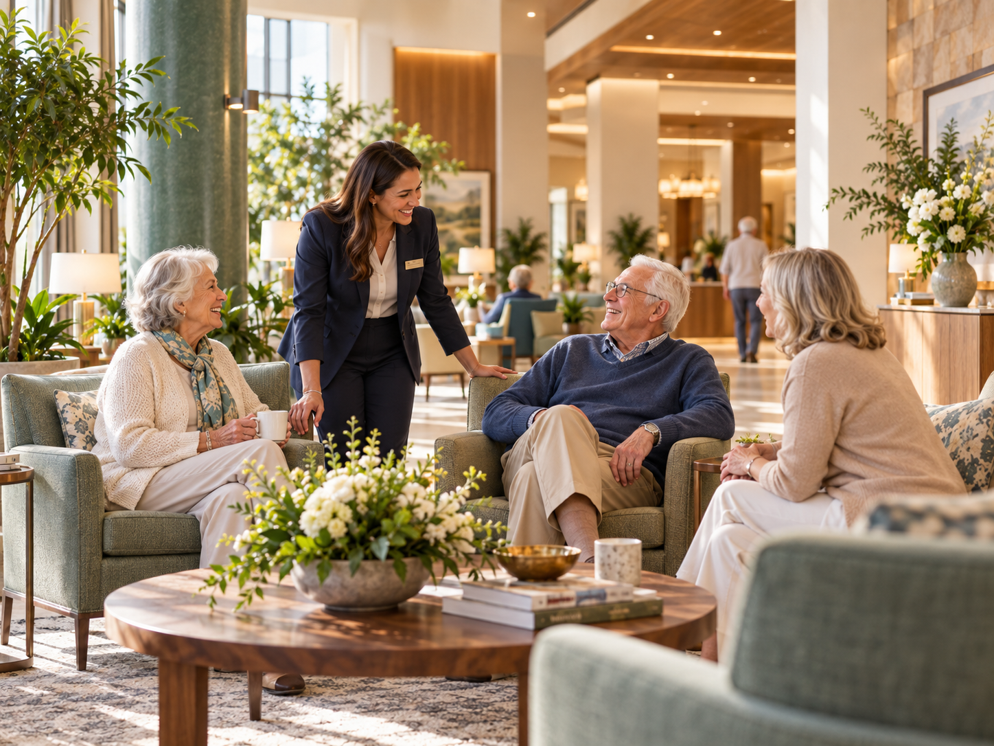 Residents and staff interacting in an upscale senior living common area.