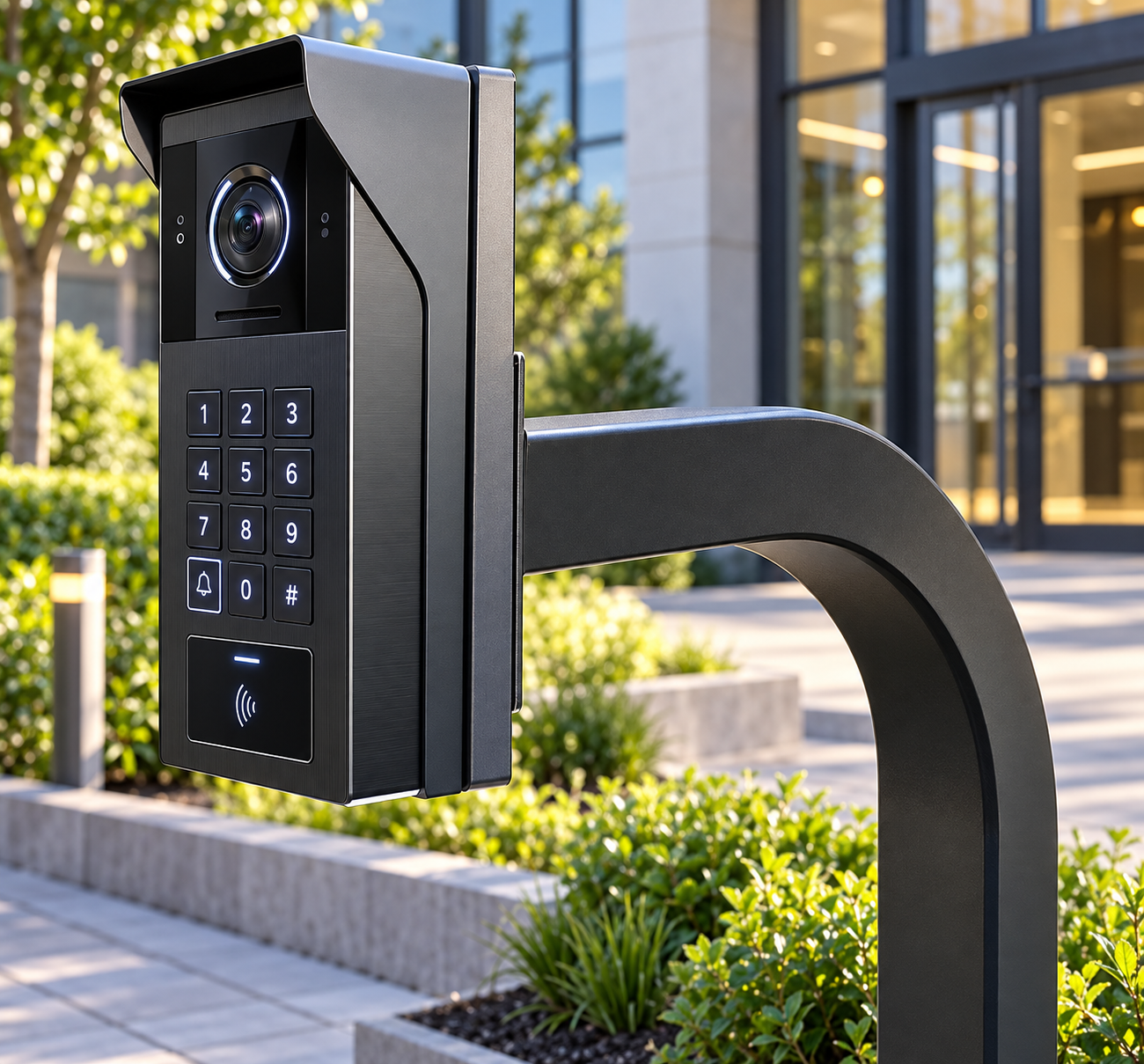Commercial video intercom with keypad and contactless reader mounted at a modern building entrance.