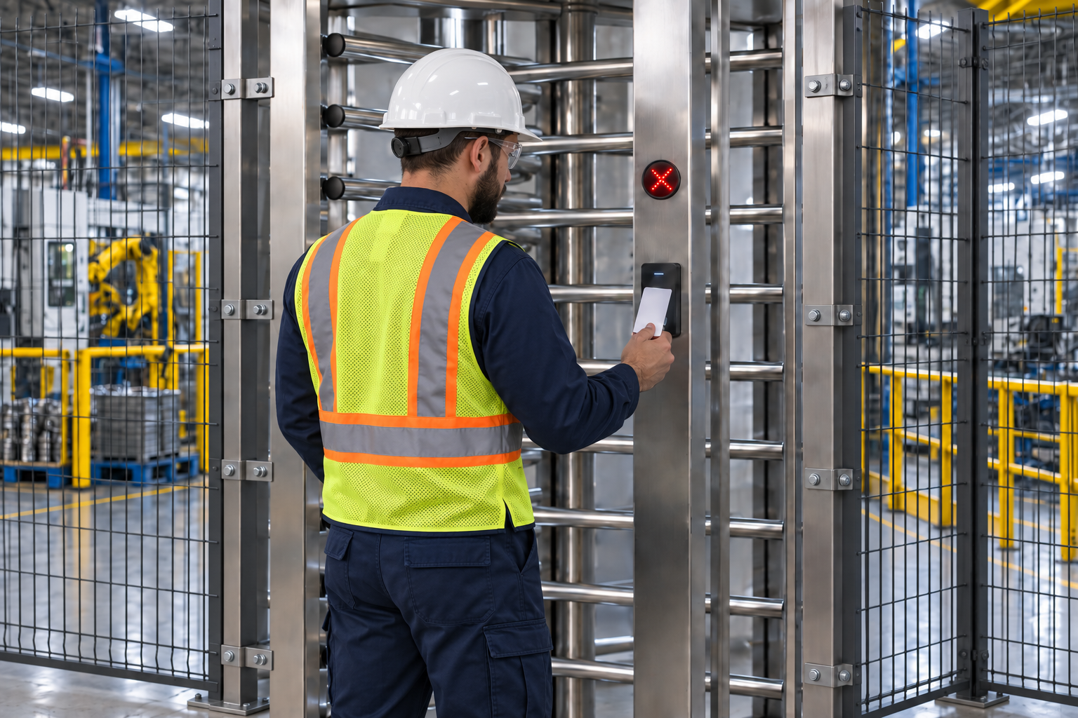 Industrial worker using a mobile credential at a full-height security turnstile inside a manufacturing facility