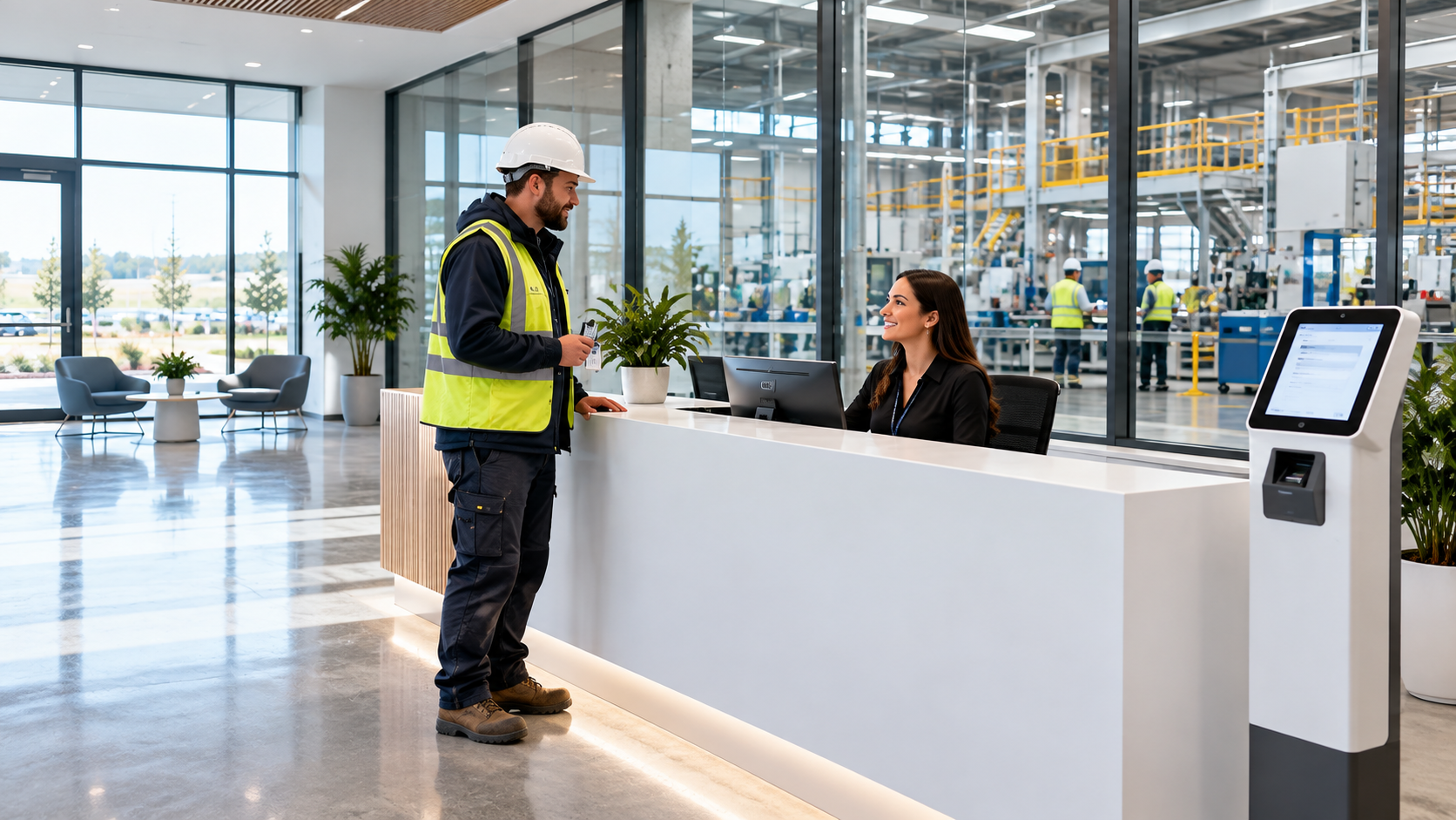 Contractor checking in at the reception desk of an industrial facility.