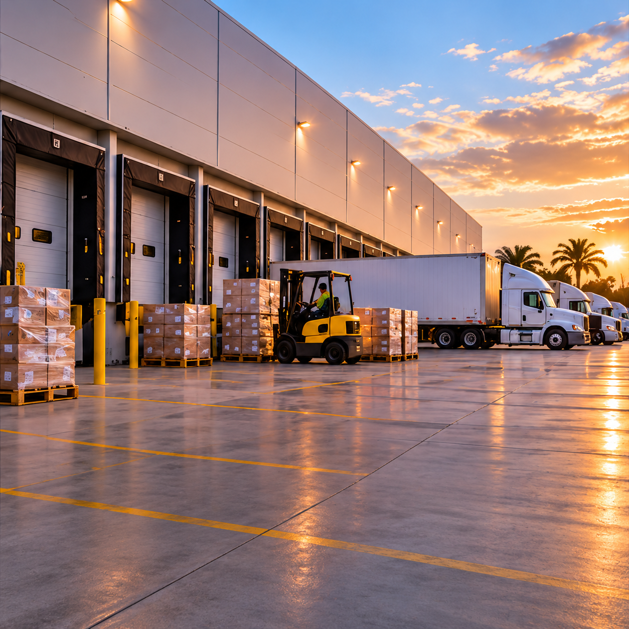 Distribution center loading area with trucks, forklift, pallets, and active dock operations.
