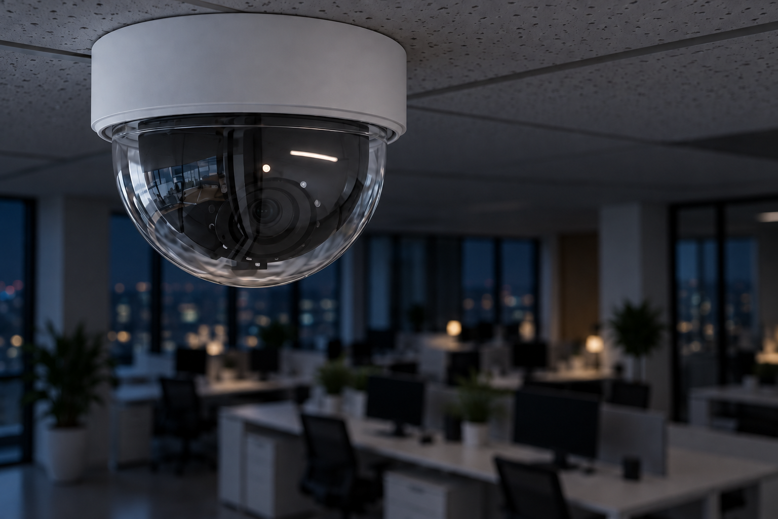 Dome security camera monitoring a modern commercial office interior.