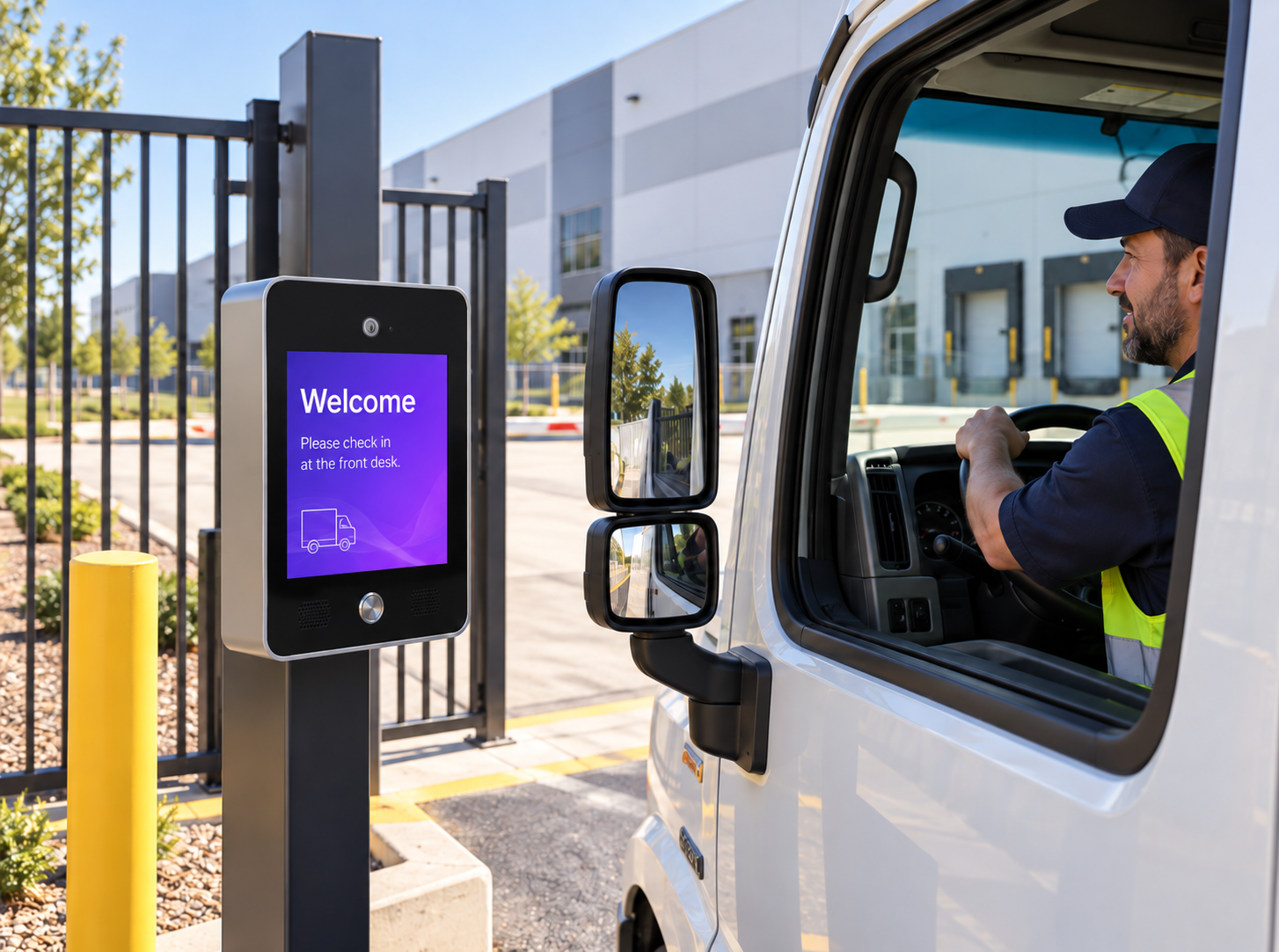 Delivery driver checking in at a vehicle access kiosk outside a commercial facility.