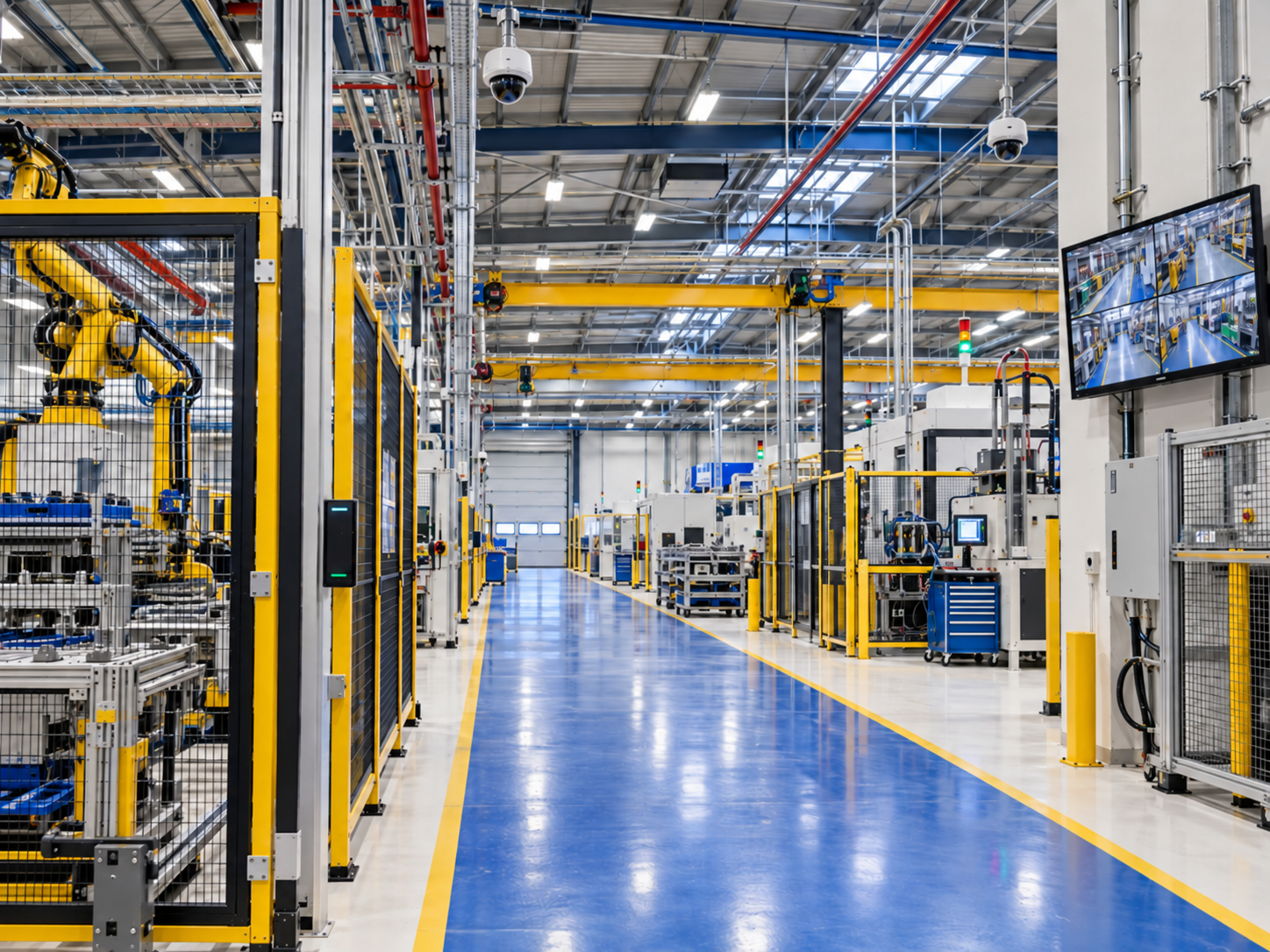 Automated manufacturing floor with robotic equipment, security cameras, and a video monitoring display.