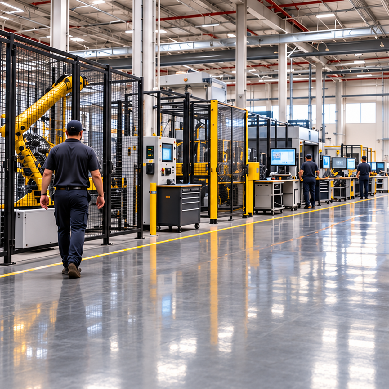 Workers operating automated machinery on a modern manufacturing floor.