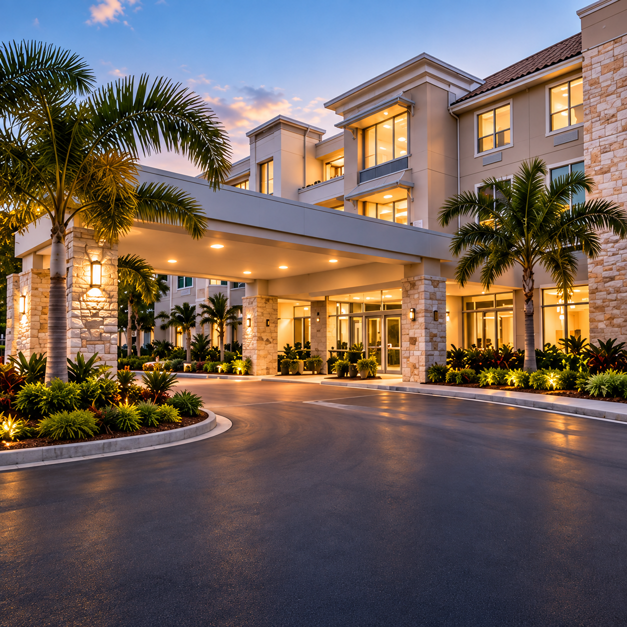 Upscale senior living community entrance with landscaped grounds and warm evening lighting.  Automotive Dealerships