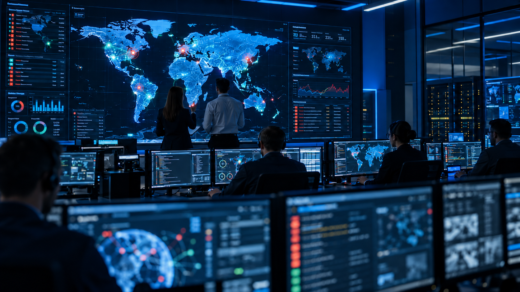 1. Multi-site security operations center monitoring surveillance feeds and facilities across multiple locations.