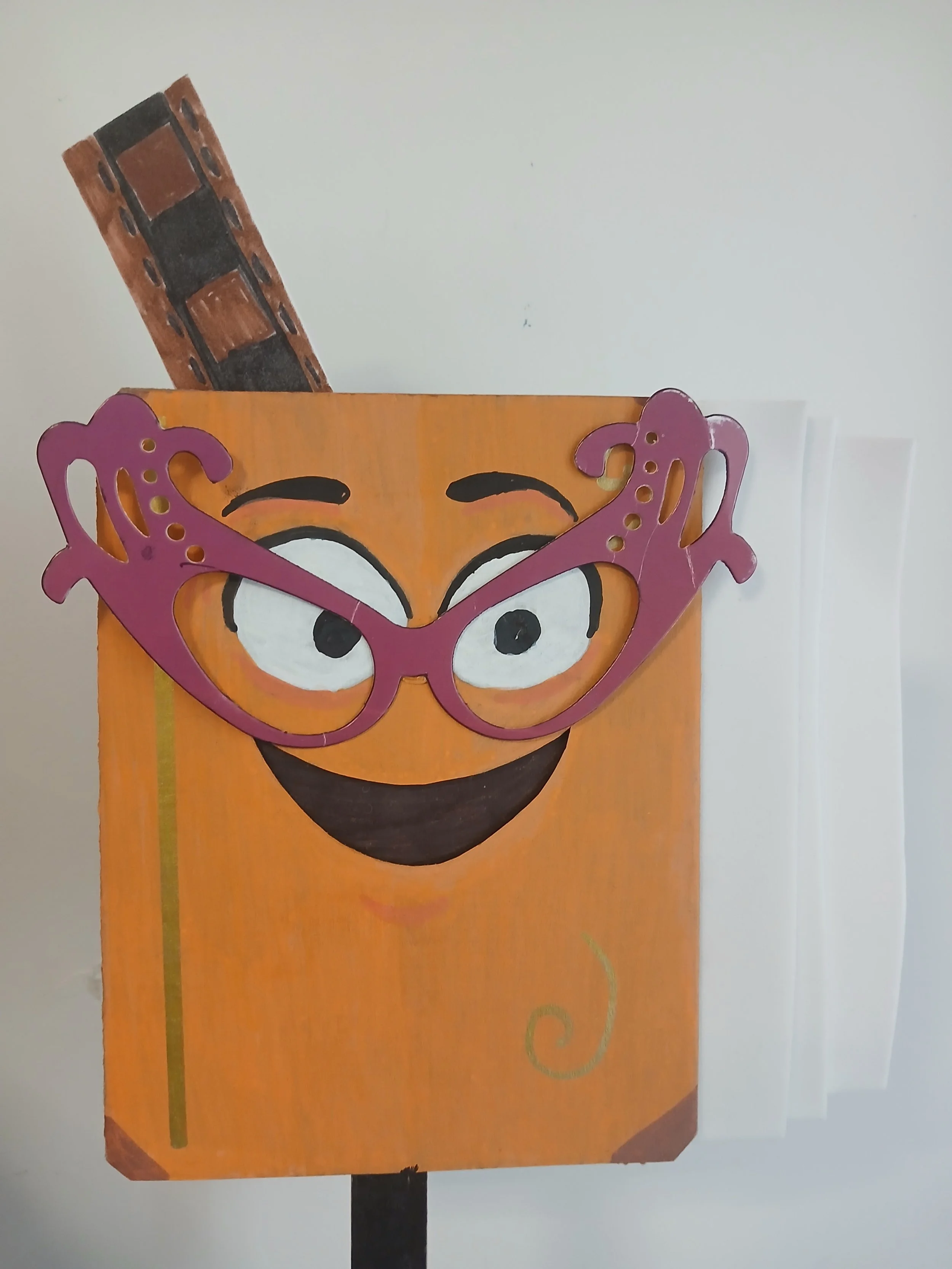 "Nostalgia" emotion puppet designed at 2026 O'Neil Puppetry Conference, paint marker on cardboard and craft foam