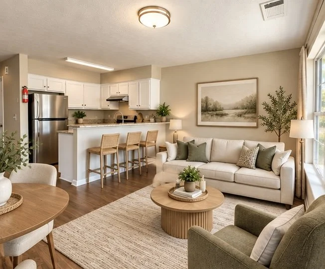 1 BR 1 BA living room and kitchen