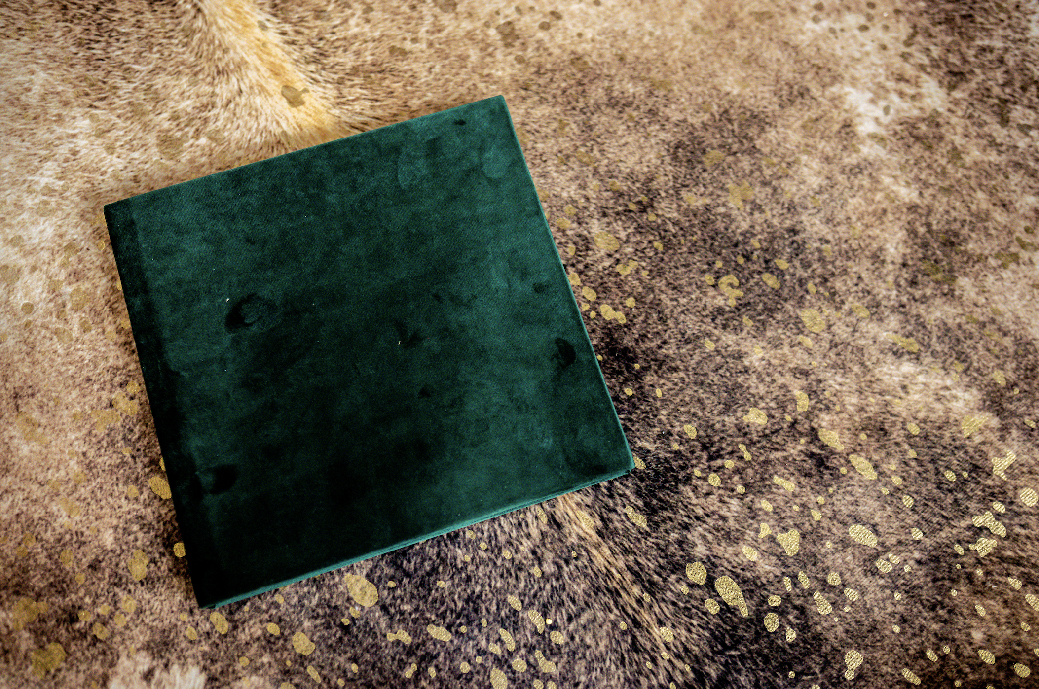 Green square object on textured brown surface with gold speckles