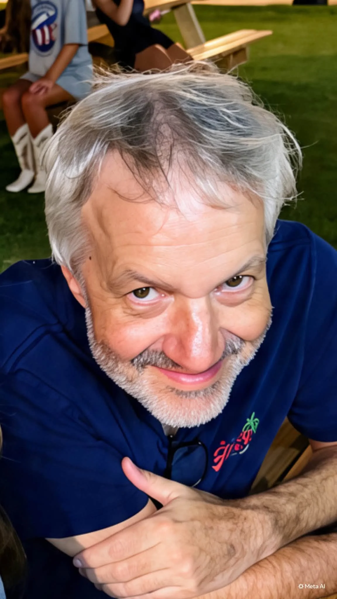 Close-up of a smiling middle-aged man with gray hair and beard, wearing a dark blue shirt, sitting at a wooden table outdoors with a grassy area and two children in the background.