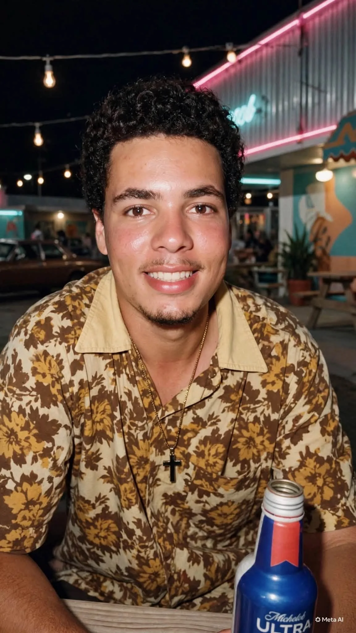 A young man with curly dark hair, wearing a patterned shirt with leaf motifs, sitting at an outdoor venue at night, smiling at the camera. There are decorative lights and a neon sign in the background, with people and parked cars visible.