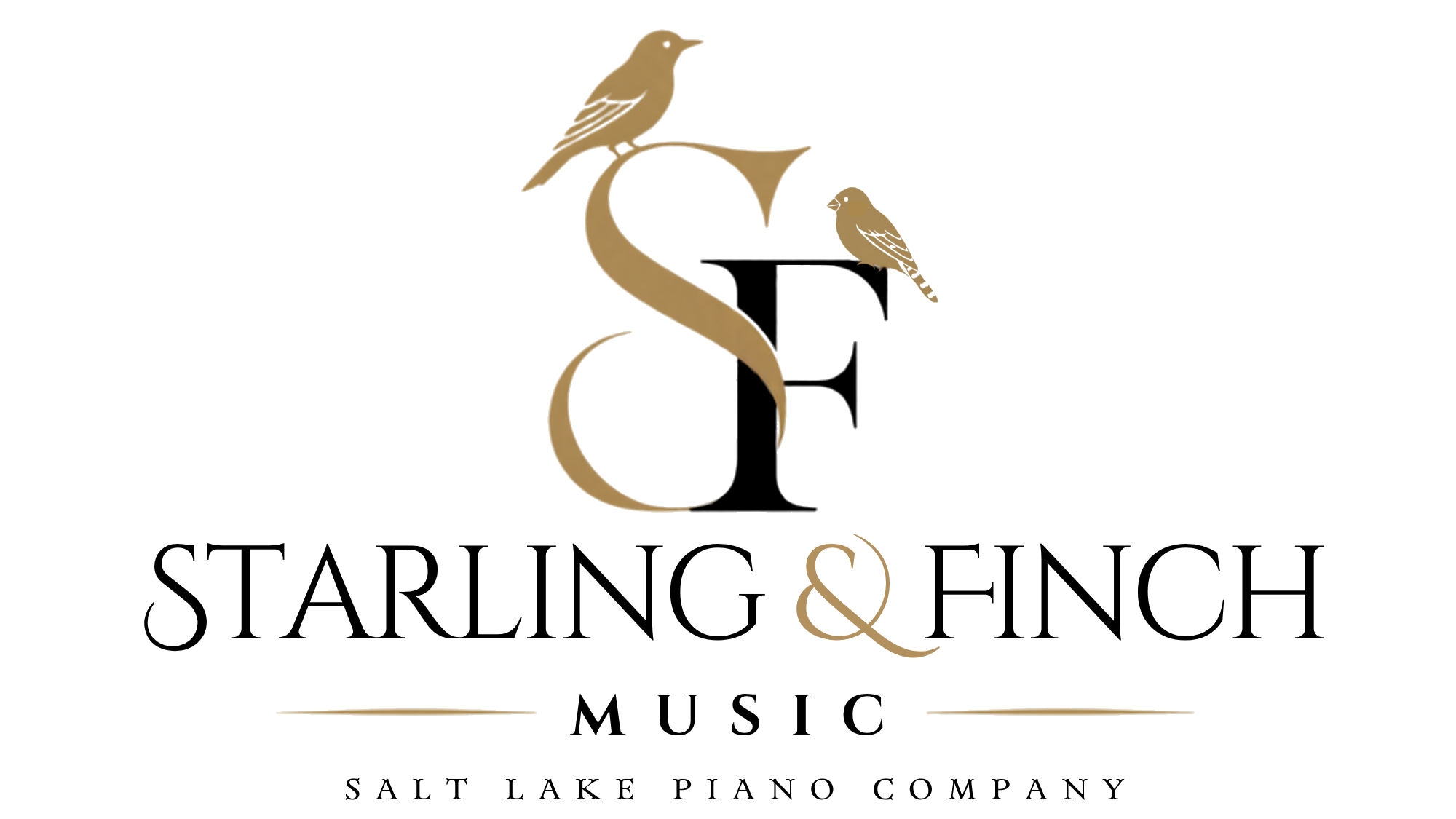 Logo for Leaving & Starting & Uni Music, featuring two birds perched on a stylized 'L' and a mix of gold, black, and white colors with text and musical notes.