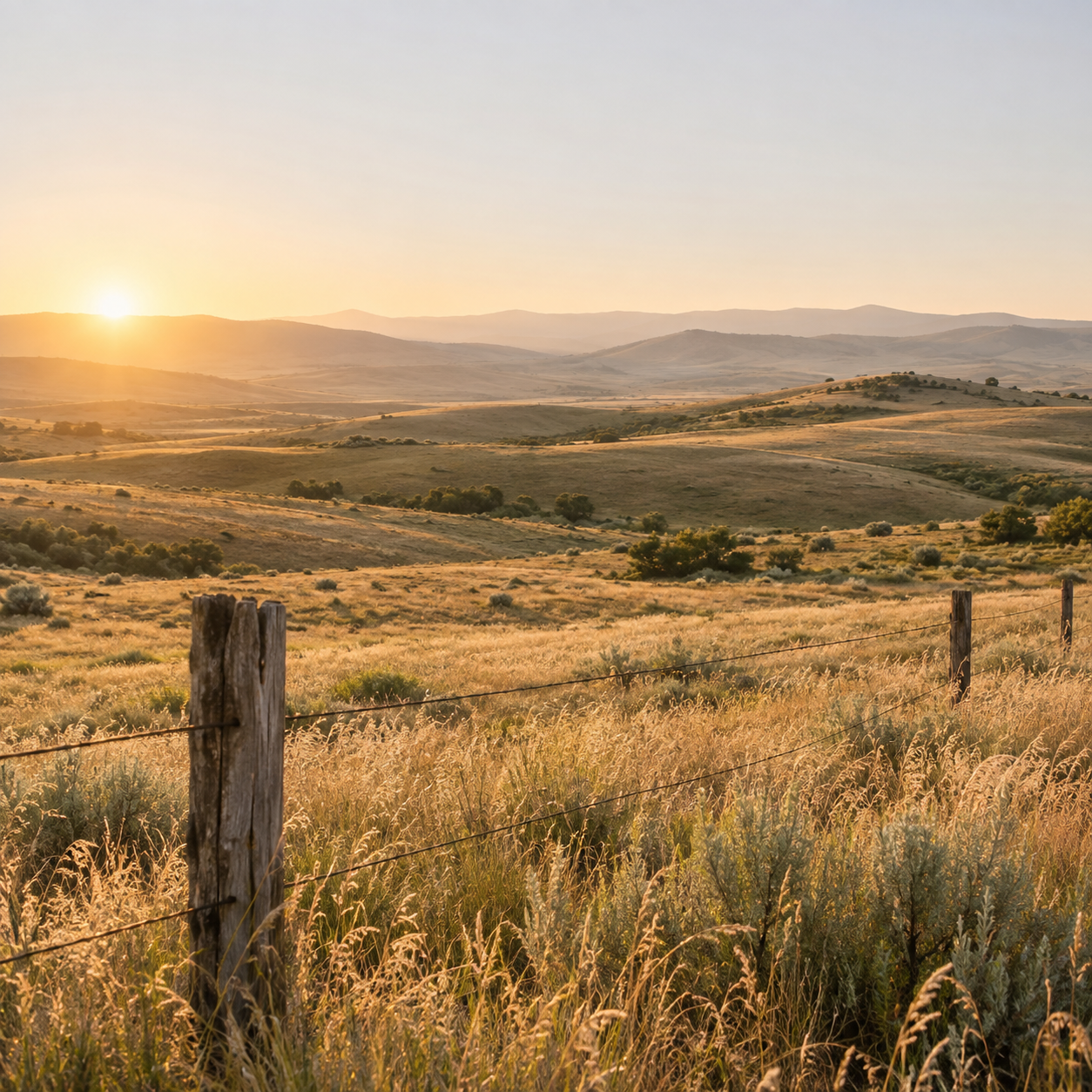 Sunset over rolling grassy hills with a wooden fence in the foreground.