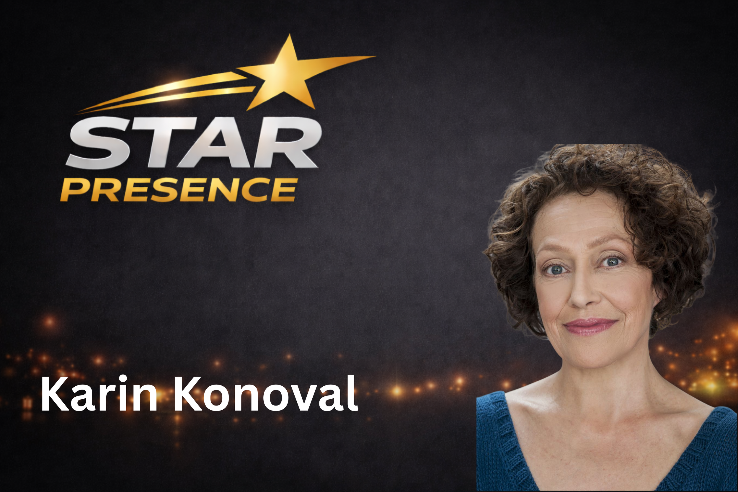 A woman with curly hair smiling, wearing a blue sweater, with text indicating 'Star Presence' and 'Karin Konoval' along with a star and shooting star graphic.