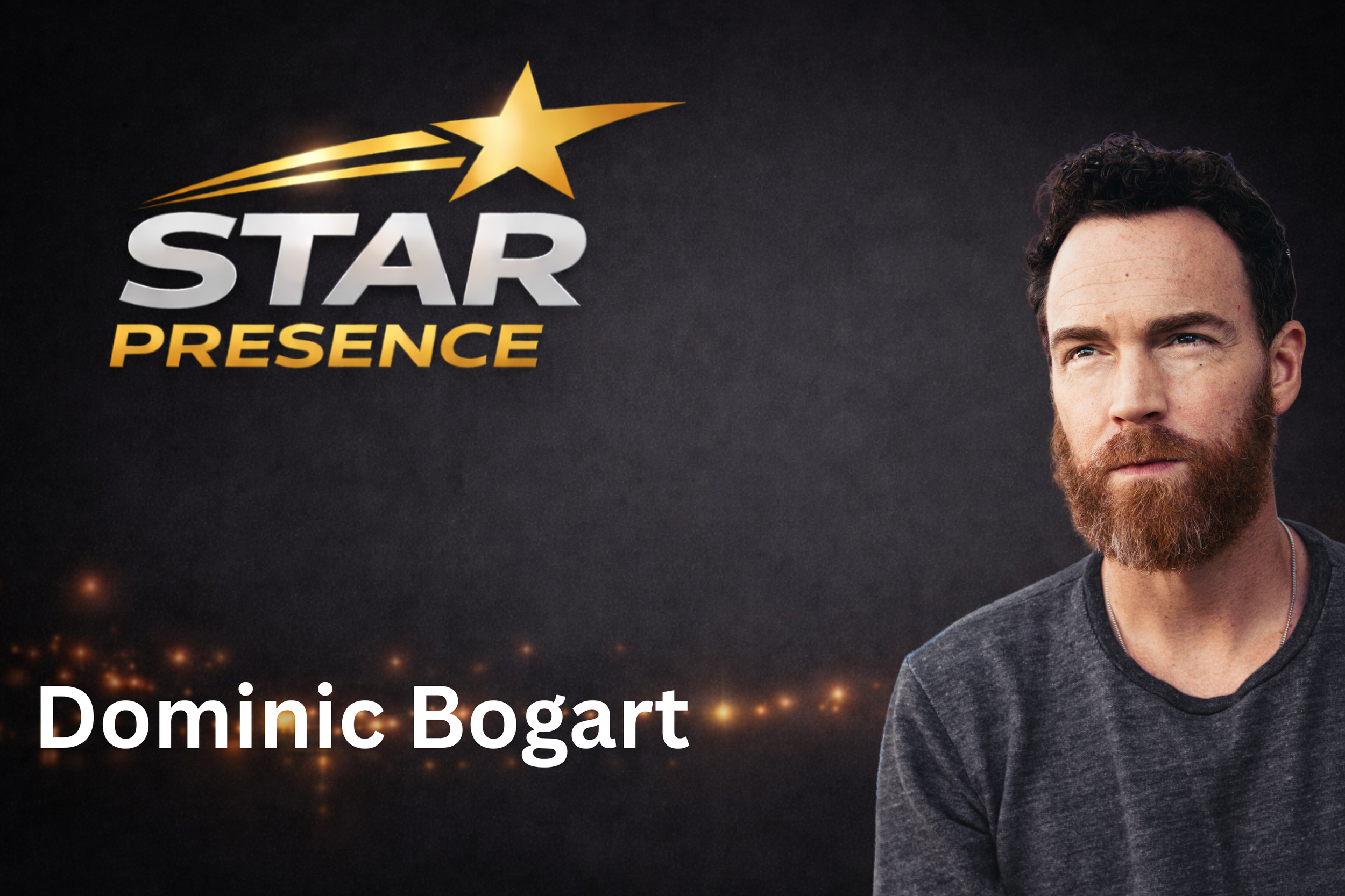 Promotional poster for a film or event, featuring a man with a beard and curly hair, with the title partially visible and the name Dominic Bogart.