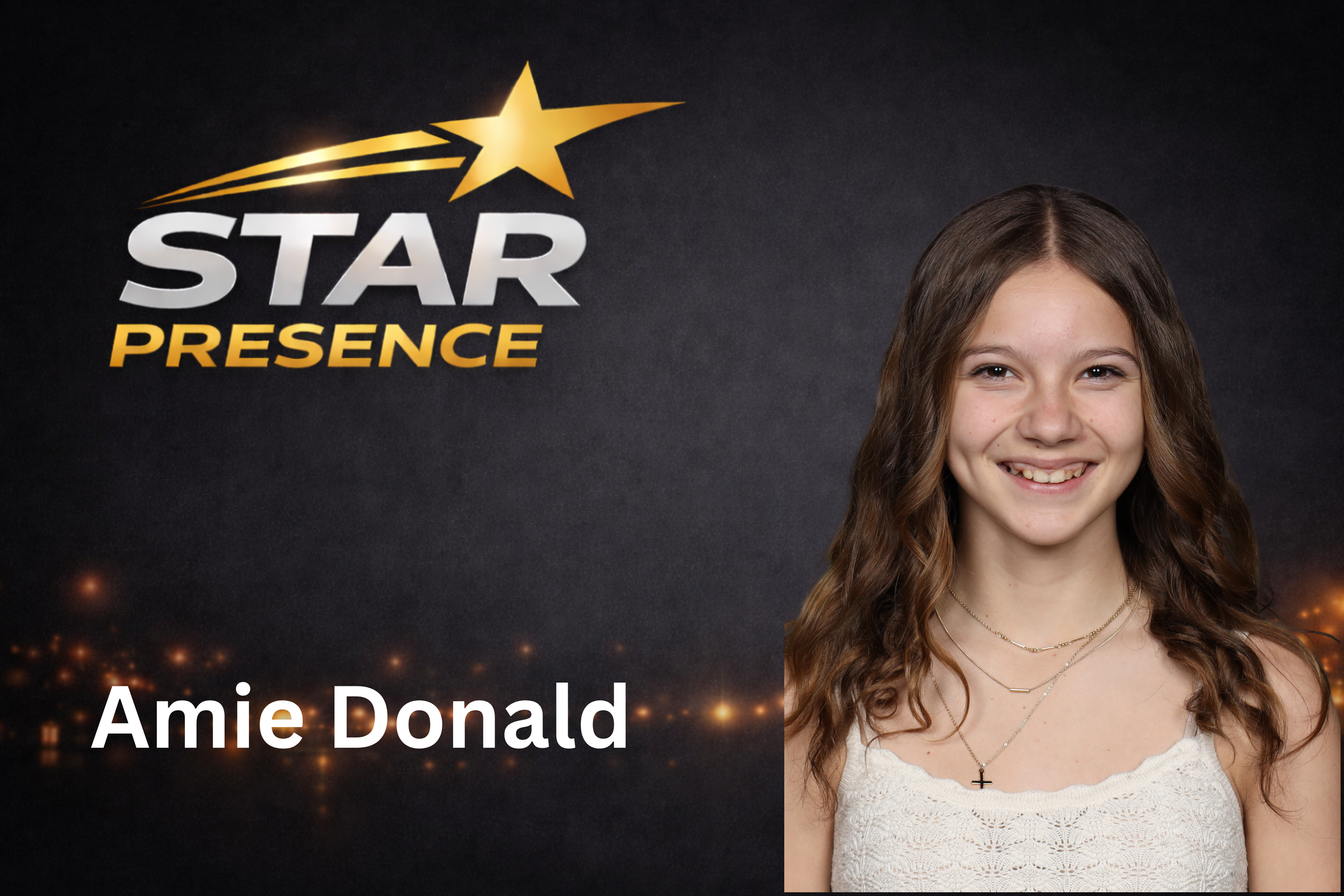 A woman with long wavy brown hair smiling, wearing a white lace top and necklaces, standing next to a logo that says "Star Presence" with a golden star and a shooting star design, and the name "Amie Donald" underneath.