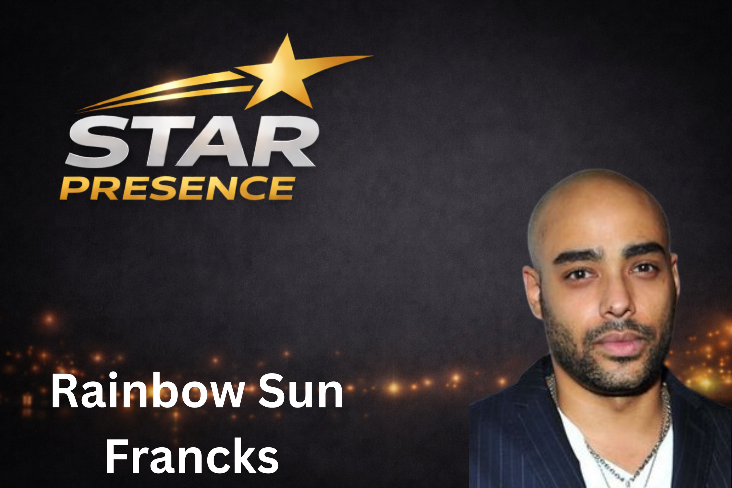 Poster featuring a gold star with a trail, the text 'STAR PRESENCE' in large white and gold letters, and a portrait of a young man with dark hair and facial hair, set against a dark background with a city skyline at night.