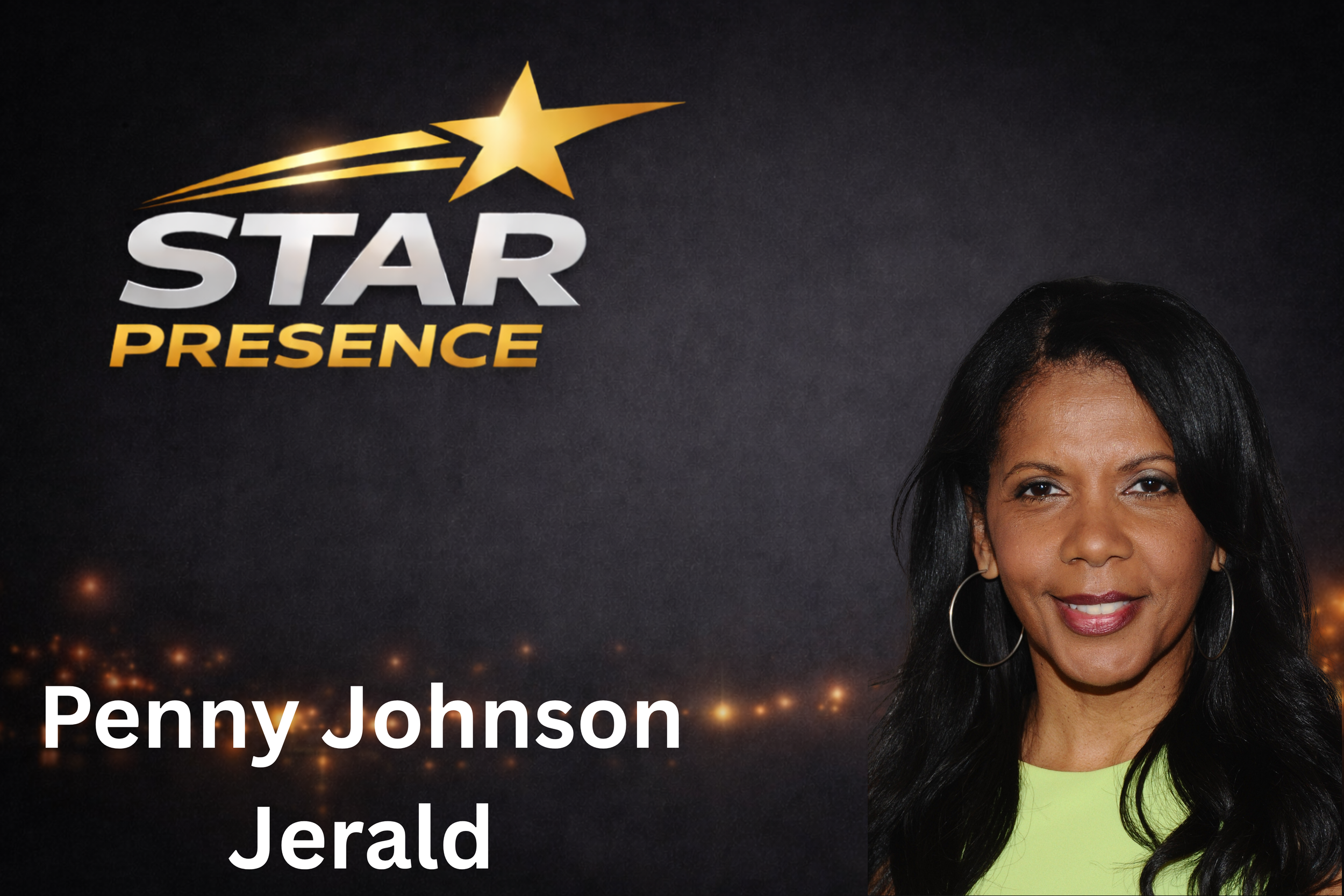 Close-up of a woman with long black hair, wearing hoop earrings, smiling, with the text "Star Presence" and part of her face visible on a dark background.